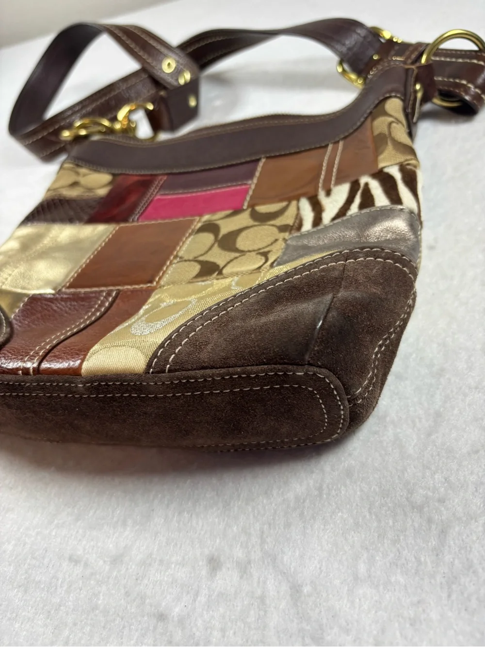 Coach Patchwork Leather & Signature Canvas Hobo Shoulder Bag Brown Multi Y2K